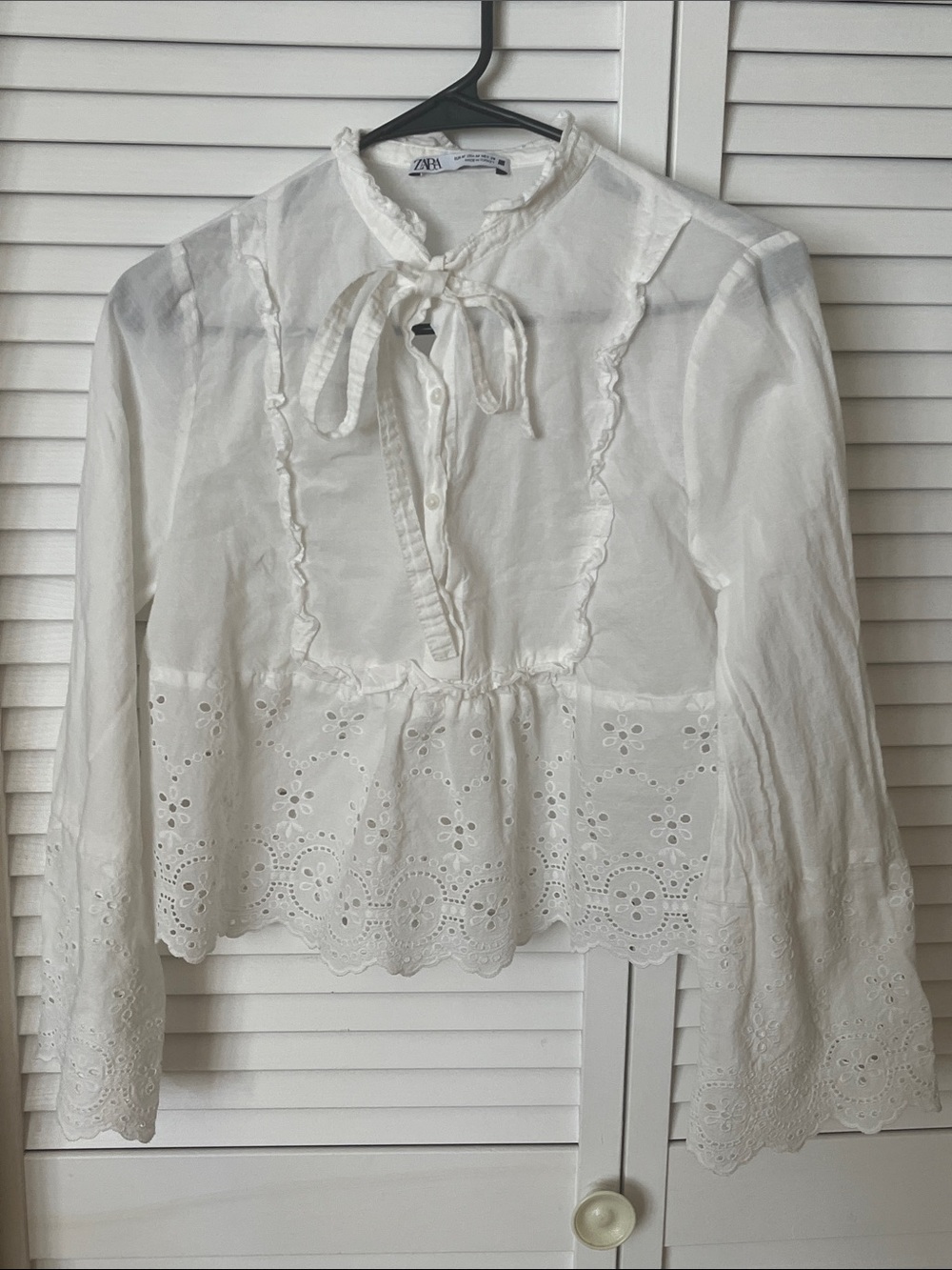 Zara White Eyelet Tie-Neck Peplum Blouse